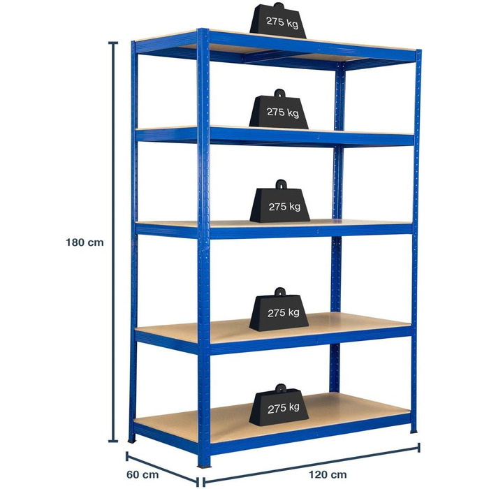Засоби безпеки SCHMIDT Міцний стелаж 180x120x60 см Безригельний стелаж 275 кг на полицю Вантажопідйомність стелажів для зберігання 1375 кг 180 x 120 x 60 см В x Ш x Г