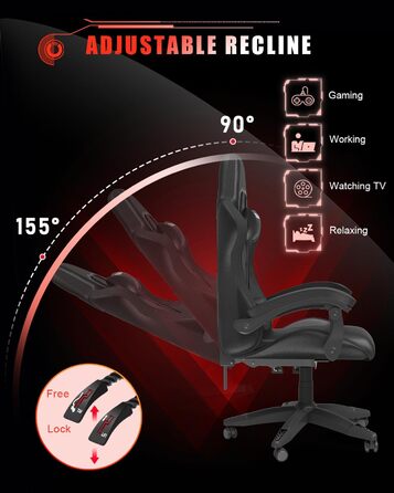 Ігрове крісло зі світлодіодним підсвічуванням та яскравою світловою стрічкою, ігрове крісло для ПК з підкладкою та підголівником, регульована висота та кут нахилу талії, ігрове крісло для дорослих, дівчаток та хлопчиків (чорне) Чорний колір зі світлодіодн