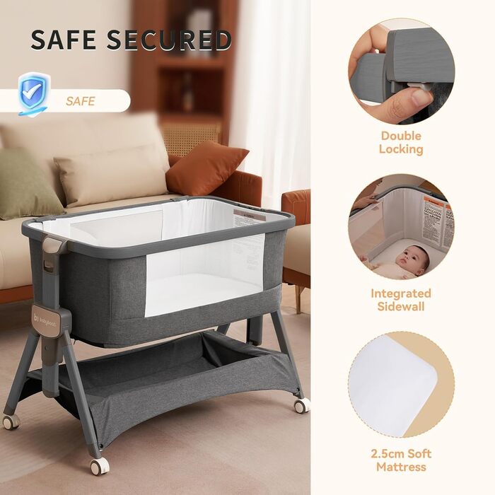 Дитяче ліжечко babyboat 3 в 1, портативне дитяче ліжечко з колесами, регульоване дорожнє ліжечко з матрацом та сумкою, сірого кольору, колиска для дітей 0-6 місяців, сірий-1