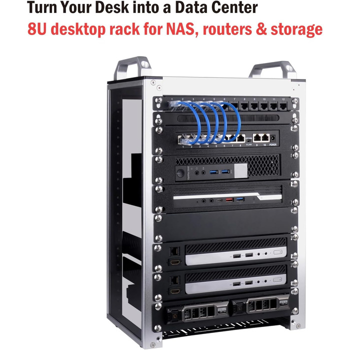 Дюймова серверна стійка, міні-стійка глибиною 200 мм з полицею та заглушкою, для NAS, AV та мережевого обладнання (сріблястий), 1, 8U 10-