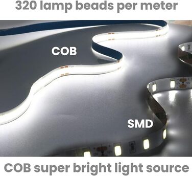 Світлодіодна стрічка Arote Light COB 12 В COB Світлодіодна стрічка з можливістю затемнення високої щільності 320 світлодіодів/м 960 світлодіодів 3000K з адаптером диммера IP20 для підсвічування телевізора Внутрішнє оздоблення спальні (холодний білий, 5 м)