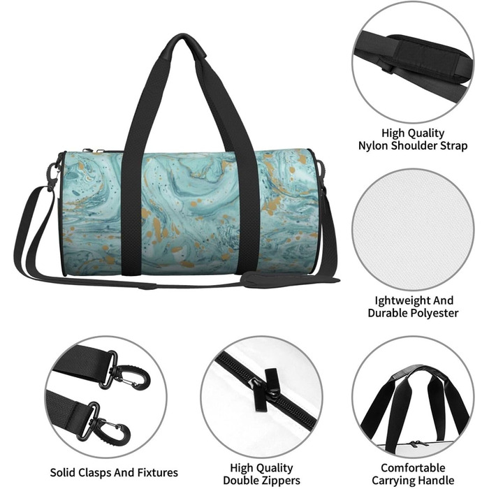 Спортивна сумка-мішок для подорожей, бірюзово-блакитна з золотистим малюнком мармур, чорна, універсальний розмір. Ідеально підходить для ночівлі.