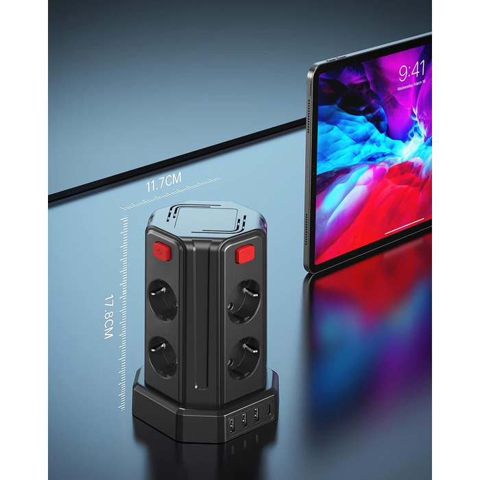 Подовжувач з 4 USB, Sameriver 8 відсіків з декількома розетками, захист від перенапруги, розетка з вимикачем, подовжувач 3M, розет