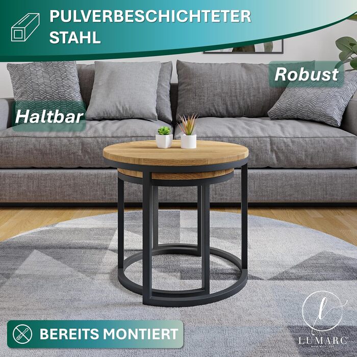 Набір журнальних столиків з 2 шт. , виготовлений з масиву дуба та сталі, Ручна робота в Європі, Журнальний столик, Стіл для вітальні, Журнальний столик, Чорний, Круглий, Ø50x43 см / Ø40x38 см Ø50x43 см / Ø40x38 см Дуб, Чорний