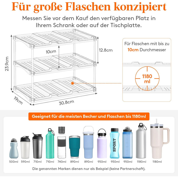 Організатор для пластикових пляшок Lifewit, що штабелюється, для дому, тримач для склянок та чашок, прозора підставка для винних пляшок, для стільниці та шафи, 3-рівнева, вміщує 9 пляшок