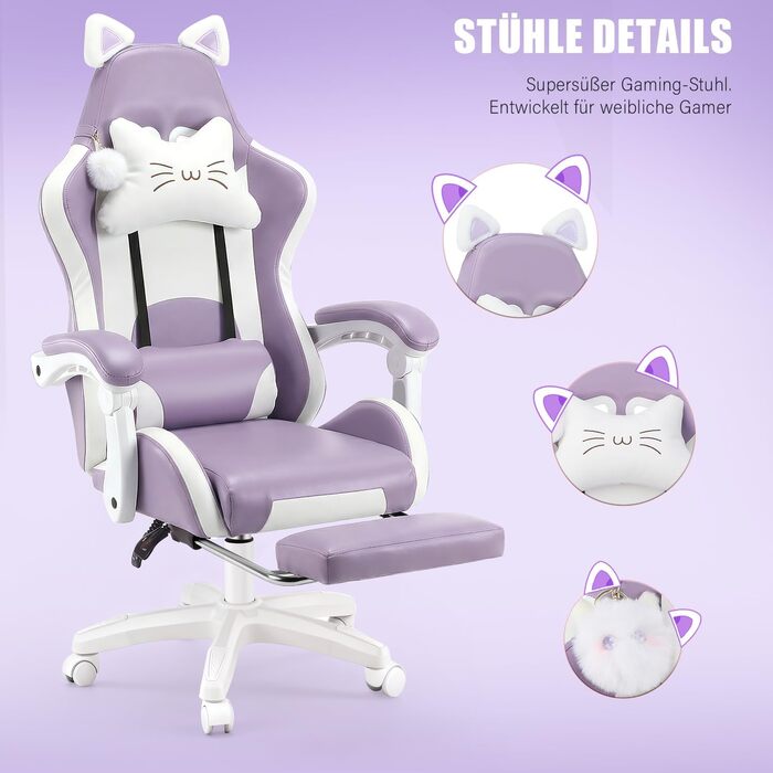 Ігрове крісло, Офісне крісло, Ігрове крісло, Ергономічне ігрове крісло з підставкою для ніг, поперековою опорою, підголівником та котячими вушками, М&39яке ігрове крісло, Обертове крісло для дівчаток, 135 кг, Фіолетовий