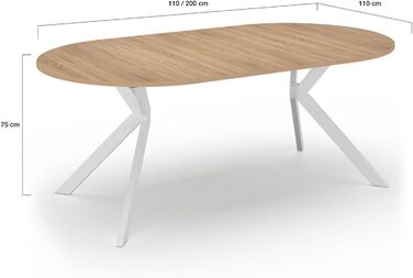 Розкладний круглий обідній стіл ALIX 4-10 персон на ніжках-павуках, дерево та білий колір, 110-200 см