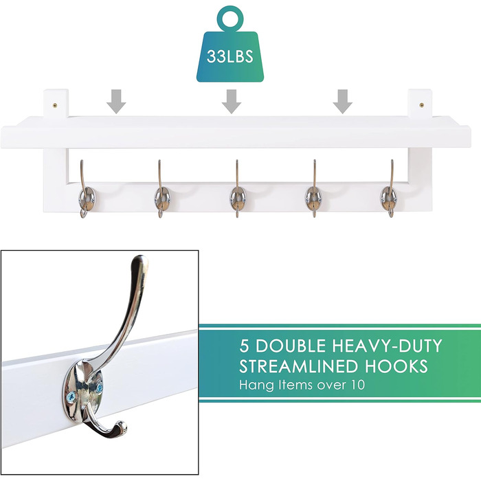 Вішалка для одягу SMIBUY з полицею настінна, вішалка для одягу 74 см для вхідної зони на стіну, бамбукова підвісна полиця з 5 подв