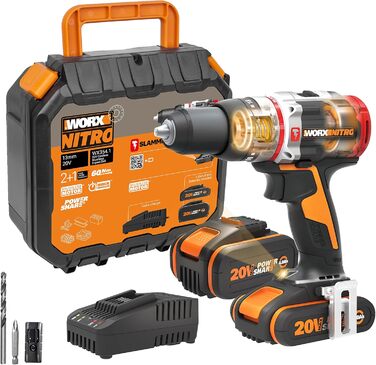 Акумуляторний ударний дриль WORX NITRO 18V (20V MAX) WX354.1, PowerShare PRO, ударний дриль, безщітковий двигун, 60 Нм, 2-ступінчасте регулювання швидкості, свердління залізобетону 10 мм, 1 х 2 Ач, 1 х 4 Ач WX354.1 (1х2.0 Ач 1х4.0 Ач)