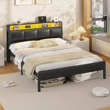 Ліжко 140 x 200, ліжко зі світлодіодним підсвічуванням, м&39яке ліжко 140x200, зарядна станція, каркас ліжка з рейковою основою, для спальні, гостьової кімнати, чорний 140 x 200 см