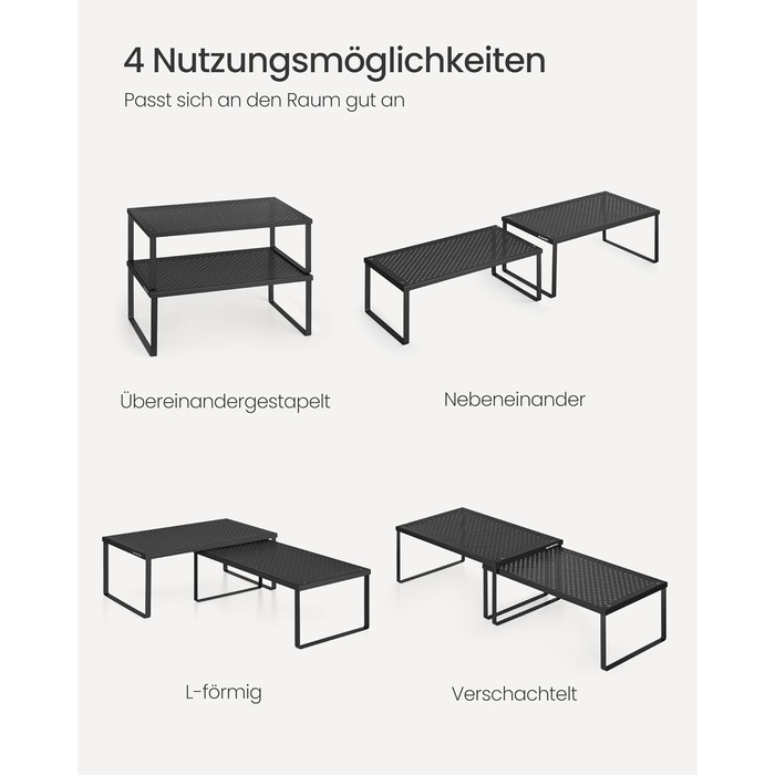 Стійка для спецій, Набір з 2, Кухонна полиця, Кухонний органайзер, Кухня, Тримач для спецій, Розширюваний, Штабелюється, Маленька полиця, Метал, Чорний колір KCS401B01 40 см Чорний колір