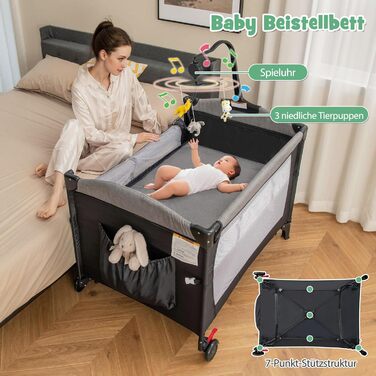 Дорожнє ліжечко 5 в 1 для немовлят, 120 x 60 см, приліжкове ліжко з матрацом та пеленальний столик, музичний мобіль та іграшки, дитяче ліжечко з регульованою висотою для немовлят від народження (темно-сірий)