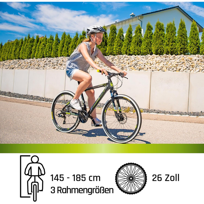 Гірський велосипед Galano Toxic 26 дюймів від 145 см для жінок, чоловіків, дівчат, хлопців з 21 передачею, амортизаційною вилкою та дисковими гальмами, гірський хардтейл, унісекс, чорний, 36 см