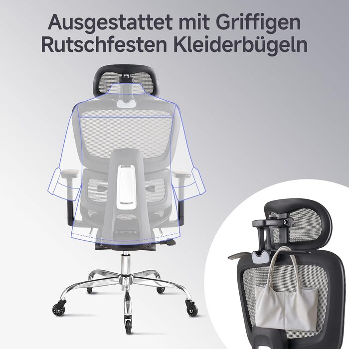 Ергономічне офісне крісло з підставкою для ніг та подушкою для шиї, 5-позиційне регулювання висоти спинки, 2D-підтримка попереку, 3D-підлокітники/підголівник, функція нахилу 145, сітчасте сидіння, гумові колеса, чорний колір.