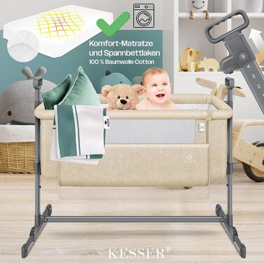 Дитяче ліжечко KESSER Hubi 3в1 для подорожей з м'яким матрацом, на коліщатках, 5-позиційне регулювання висоти, складна бічна стінк