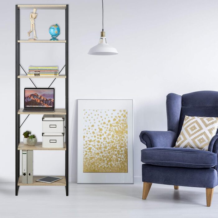 Окремостояча полиця Relaxdays, висока книжкова шафа з 6 відділеннями, промисловий дизайн, ВxШxГ 180x50x35 см, ПБ/Метал, коричневий