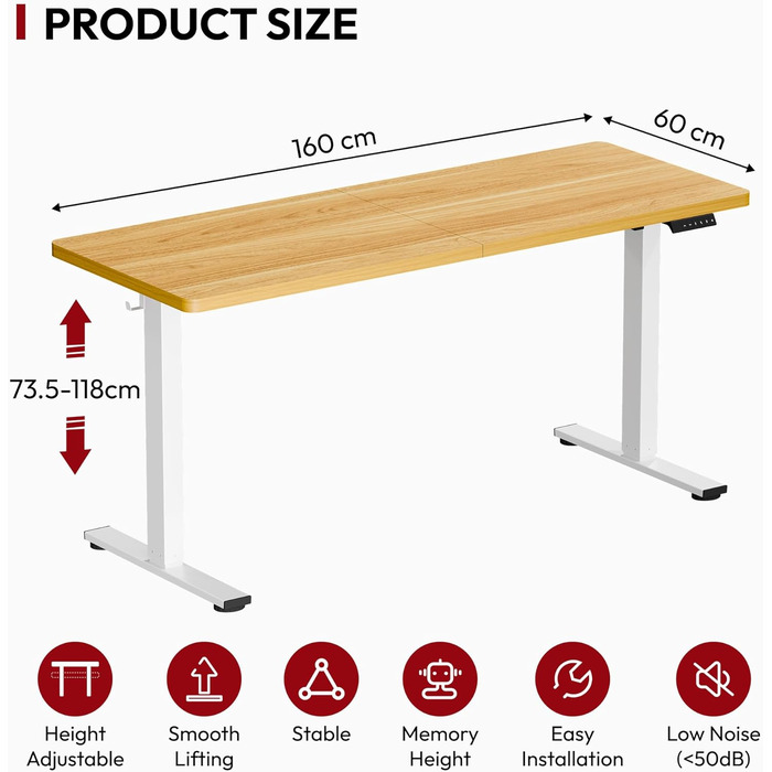 Письмовий стіл з регульованою висотою 160x80 см Ергономічний стіл для роботи стоячи з функцією пам&39яті та блокуванням від дітей, міцний каркас (клен) 160x60 см клен