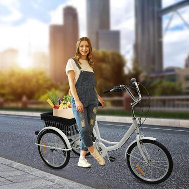 Триколісний велосипед для дорослих, 20-футовий триколісний велосипед для дорослих з кошиком для покупок, 8-швидкісний 3-колісний міський велосипед для всіх типів дорожніх покриттів