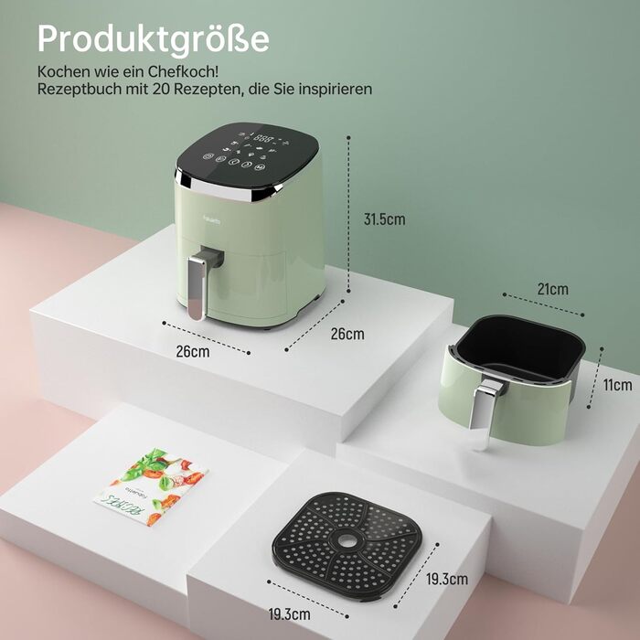 Аерофритюрниця Fabuletta 4 л, фритюрниця 9 в 1, фритюрниці з максимальною температурою 230 C, цифрова фритюрниця з сенсорним екраном, технологія швидкого видалення повітря та жиру, попередній нагрів, режим струшування (зелений) зелений