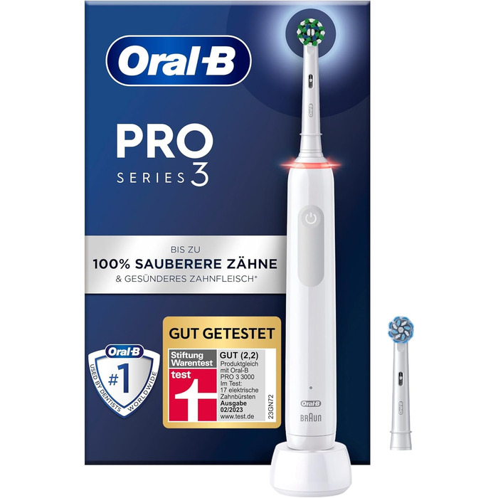 Електрична зубна щітка Oral-B PRO 3 3000, 2 щітки перехресної дії, з 3 режимами чищення та візуальним регулюванням тиску на 360 для догляду за зубами, подарунок чоловік/жінка, білий