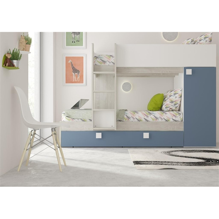Двох'ярусне ліжко для двох дітей з висувним ліжком і шафою Колір білий потертий і блакитний
