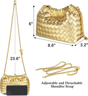 Жіноча сумка-кросбоді Joryin, плетіна, вечірня сумочка, модна сумка-клатч Дамплінг, сумка-хобо Хмара з плетеної шкіри, золота