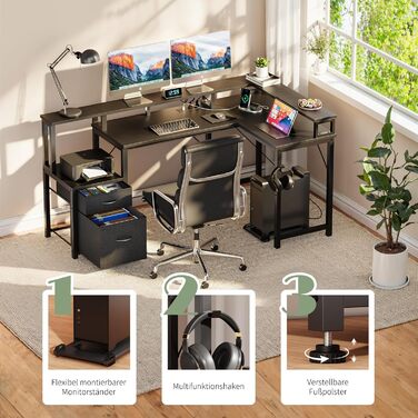 Кутовий письмовий стіл YOUDENOVA з шухлядами, L-подібний, 168x100 см, ігровий стіл зі світлодіодним підсвічуванням, комп&39ютерний стіл з розеткою та портом зарядки USB, офісний стіл, чорний, 168*100*88,5 см