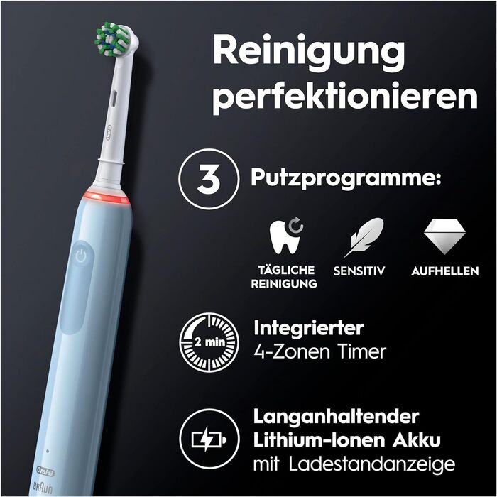 Електрична зубна щітка Oral-B PRO 3 3000, 2 чутливі щітки для чищення, 3 режими чищення та візуальний контроль тиску на 360 для догляду за зубами, подарунок чоловік/жінка, синій сингл синій