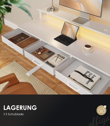 Електричний письмовий стіл OffiGo з шухлядами, стіл з регульованою висотою 120 см та підставкою для монітора, стіл для роботи стоячи з розетками та світловою стрічкою, офісний стіл з регульованою висотою, білий 120 x 54 см