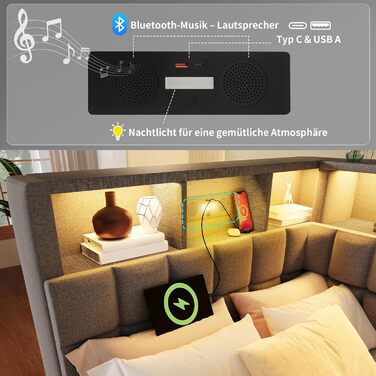 Кушетка 90x200 з висувним ліжком 90x190, диван-ліжко зі світлодіодним підсвічуванням, USB та Bluetooth, висувне ліжко-кушетка з рейковою основою, гостьове ліжко, без матраца, сірий, сірий F 90x200