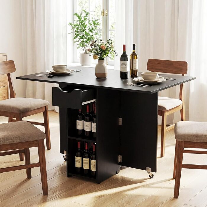 Розкладний обідній стіл COSTWAY, кухонний стіл на колесах, шухляда та 2 полиці, розкладний стіл для 2-4 осіб, обідній стіл для невеликих приміщень, їдальня, кухня, 120 x 72 x 75 см (чорний) чорні колеса з поліуретану
