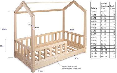 Дитяче ліжко, ліжко-будиночок 70x140 із захистом від падіння, рейкова основа, каркас ліжка з сосни для дітей, хлопчиків та дівчаток - дерев&39яне ліжко, немовля, дитяча кімната, хлопчик, декор (захист від падіння З)