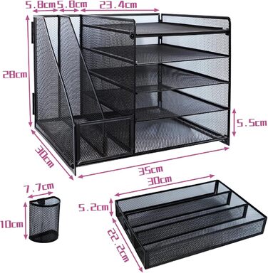 Металевий настільний органайзер, 5-ярусний лоток для паперу та листів з тримачами для файлів, сітчастий настільний органайзер для файлів з тримачем для журналів для зберігання офісних документів (чорний)