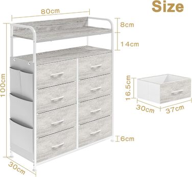 Комод, шафа, шафа для зберігання речей, 8 тканинних шухляд, 4 бічні кишені, 2-рівневі дерев&39яні полиці, скриня для спальні, вітальні, білий дуб, 8 шухляд з бічними кишенями