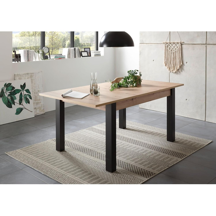 Розкладний обідній стіл Lucas з дубовим покриттям Artisan, чорний - Розкладний кухонний стіл для вашої вітальні та їдальні - 140-210 x 76 x 90 см (Ш/В/Г)