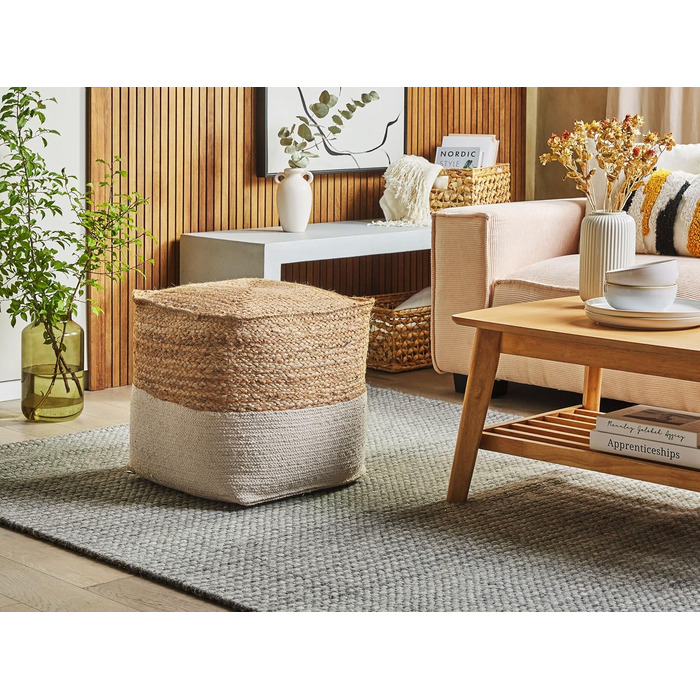 Beliani Boho Pouf Cotton and Jute Square Beige Kirama, Beliani Boho Pouf Cotton and Jute Square Beige Kirama