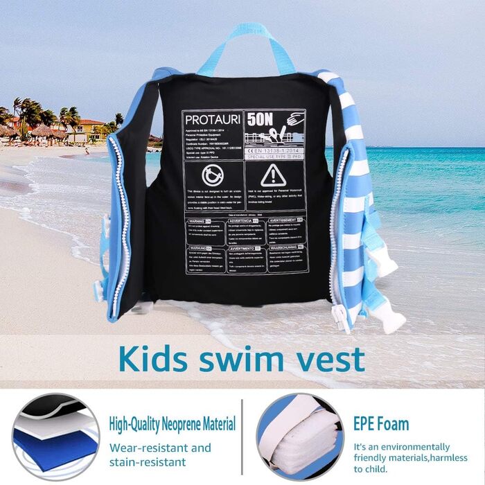 Дитяча плавальна куртка PROTAURI - Неопренова плавальна куртка для хлопчиків і дівчаток, купальник для малюків, допоміжний одяг для тренувань з плавання, 2-9 років/50N M (3-6 років), світло-блакитна