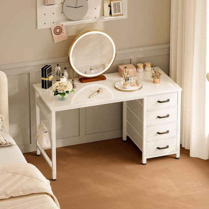 Невеликий письмовий стіл з 4 шухлядами, 100x48x75,7 см, Двосторонній комп&39ютерний стіл з тримачем для навушників, Дерев&39яний комп&39ютерний стіл для домашнього офісу, Білий, 100x48x75,7 см