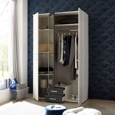 Шафа з дзеркальними дверима білого та графітового кольору - Універсальна 3-дверна шафа для вашої спальні - 120 x 196 x 54 см (Ш/В/Г) Білий / Графітовий 3-дверний