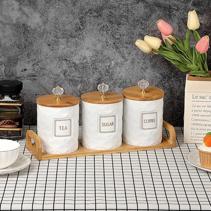 Набір керамічних контейнерів для зберігання, біла керамічна банка з бамбуковою кришкою та підносом, герметичні контейнери для зберігання продуктів на кухонній стільниці, 3 контейнери для цукру, кави, чаю, місткістю 1 літр кожен