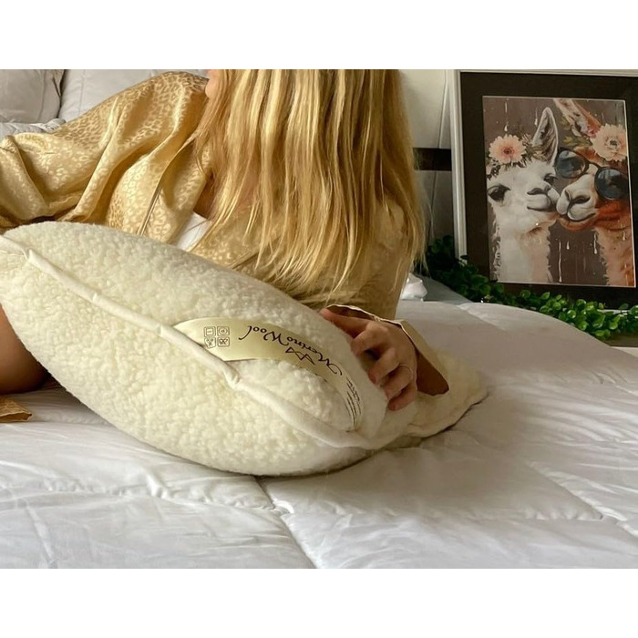 Подушка з мериносової вовни з етикеткою якості, подушка для сну, 900 г мериносової вовни, 40 x 80 см, натуральна вовна, 1 шт.