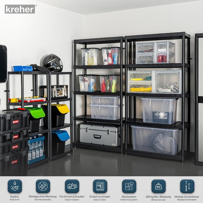 Міцний стелаж Kreher XL за вигідною ціною 92,5 x 45,8 x 141 см з 4 полицями та загальним навантаженням 280 кг Сертифіковано TV Rheinland.
