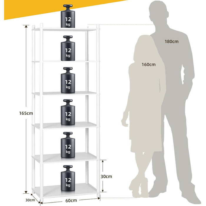 Полиця, Біла вузька книжкова шафа, Висока окремостояча полиця з 6 полицями, Дерев&39яна відкрита тонка кутова полиця для спальні та вітальні, 165 x 60 x 30 см Біла 6 полиць, 60 см (Ш)