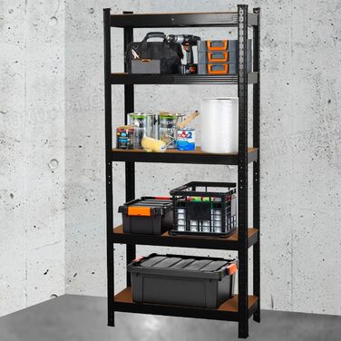 Високоякісний міцний стелаж, кріпильні елементи в комплекті, вантажопідйомність 875 кг, 5 регульованих, міцних полиць з МДФ для зберігання, підвалу, гаража, льоху, майстерні (чорний, 70x30x150 см)