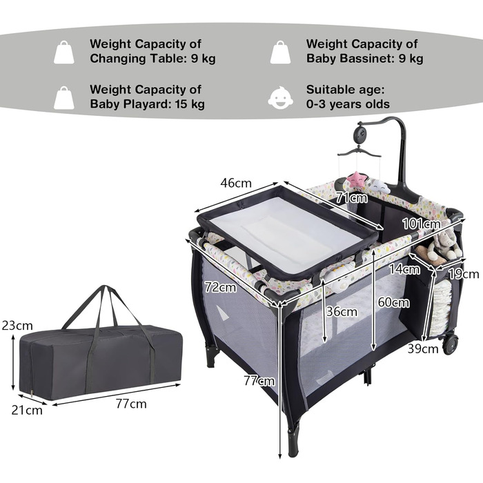 Складане дитяче ліжечко-манеж LIFEZEAL, тканина Оксфорд та ПП, багатофункціональне дитяче ліжечко з пеленальний столик для малюків 0-36 місяців, вантажопідйомність 15 кг (сірийбілий)