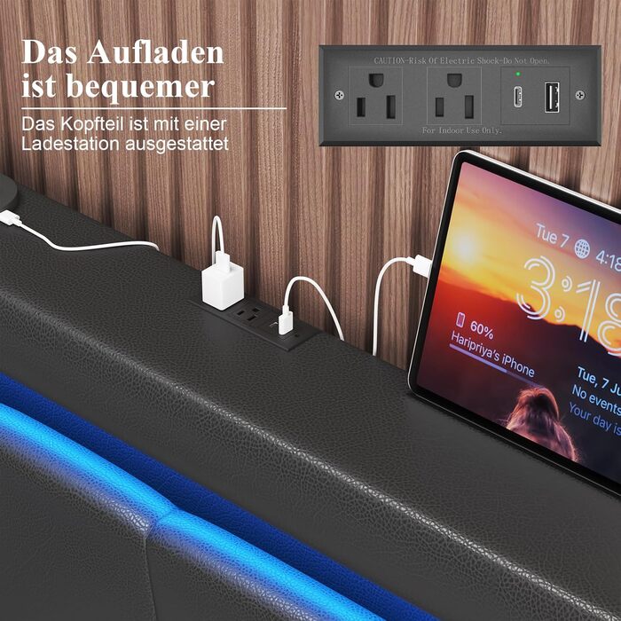 М&39яке ліжко 140 x 200 см з 4 шухлядами, світлодіодне освітлення, каркас ліжка 140 x 200 з регульованим узголів&39ям, зарядна станція, металева рейкова основа, легке складання, чорний колір 140 x 200 см