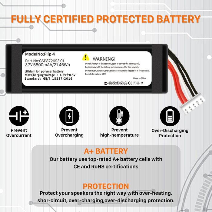 МАг Акумулятор для JBL Flip 4, змінний акумулятор високої ємності, сумісний з JBL Flip 4, акумулятор для Bluetooth-колонки Flip 4 Special Edition, артикул GSP872693 01, 5800