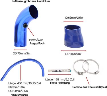 Універсальний спортивний повітряний фільтр Aleawol Автомобільний фільтр для впуску холодного повітря, 76 мм 3-дюймовий алюмінієвий комплект фільтрів для впуску повітря для повітряного охолодження Шланг для забору холодного повітря, труба для забору холодн