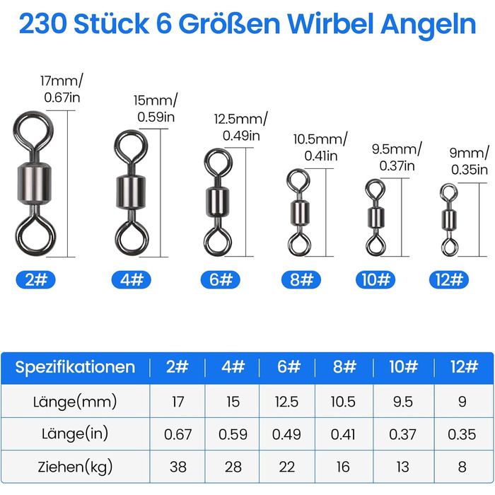 Рибальські вертлюги Sinofort 230 шт. Рибальські вертлюги із застібкою 6 розмірів Застібки Набір вертлюгів для риболовлі Набір вертлюжних бочок із вертлюгом для вертлюгів у морській воді Аксесуари для риболовлі Повороти 2 4 6 8 10 12