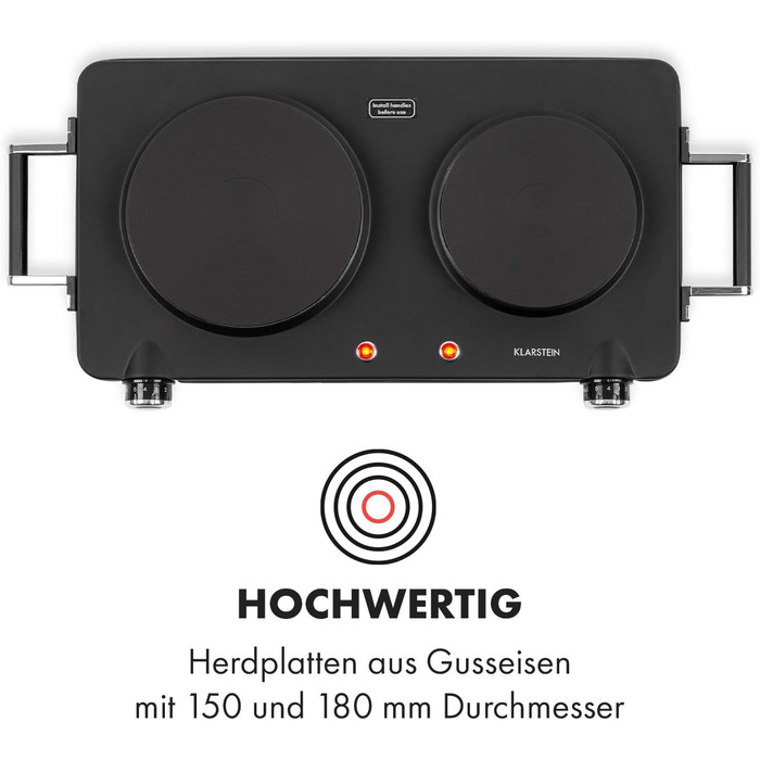 Електрична подвійна конфорка Klarstein Cookorama, 2250 Вт, маса варильних поверхонь 150/180 мм Ø, світлові індикатори, ручки для захоплення, 5 рівнів, варильна поверхня, кемпінг, чорний чорний 2250 Вт
